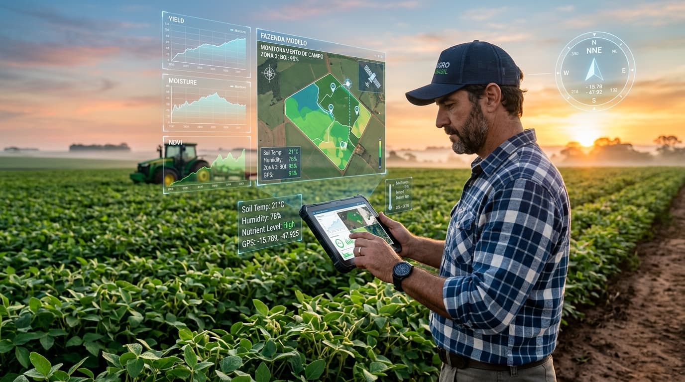 Produtor rural utilizando Raiz Agro Hub no campo